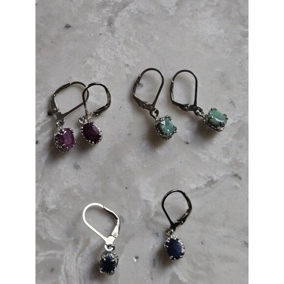 5.00ctw Ruby, Sapphire, And Emerald Silver Earrings Set Of 3 - Picture 3 of 12